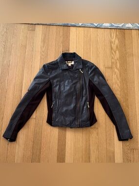Michael Kors Leather Moto Jacket Mixed Media Knit Panel Brown Biker Size 6